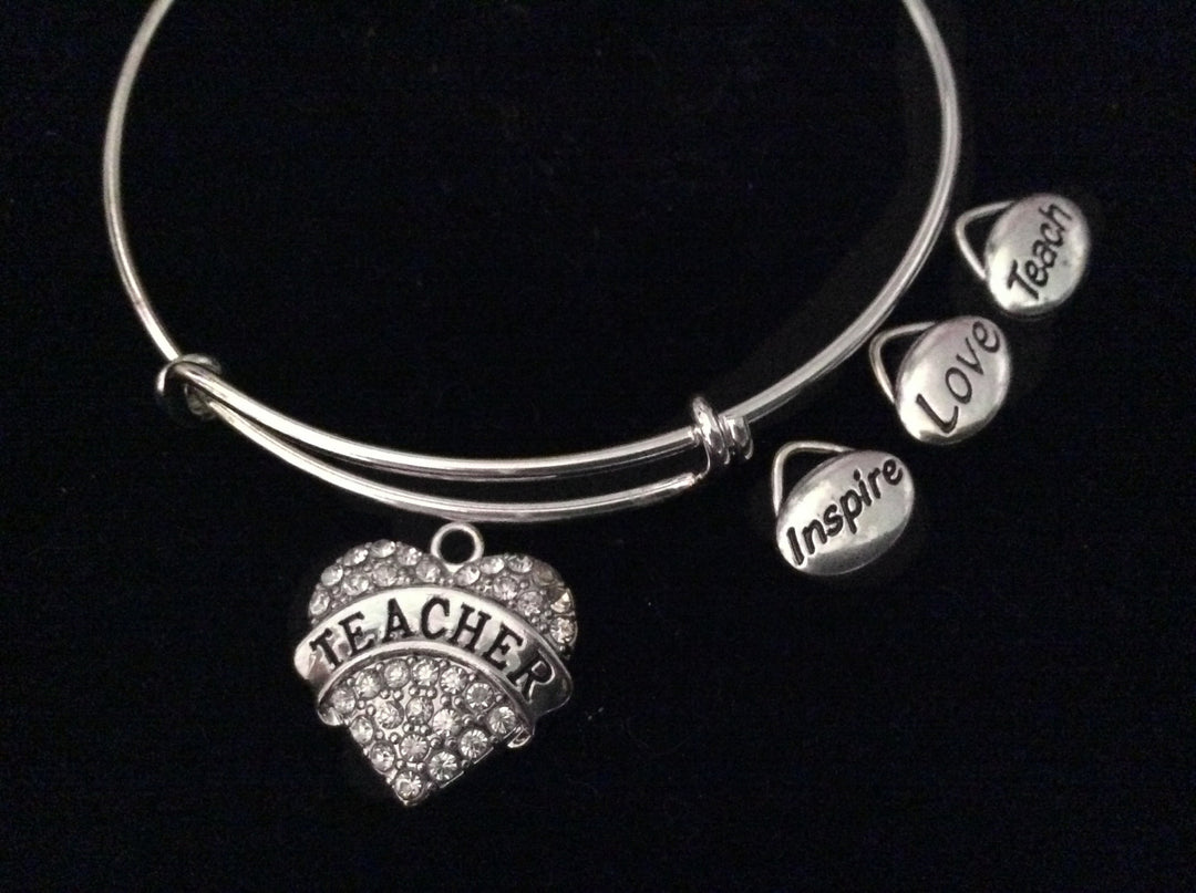 Teacher Teach Love Inspire Expandable Silver Charm Bracelet Adjustable Bangle School Gift