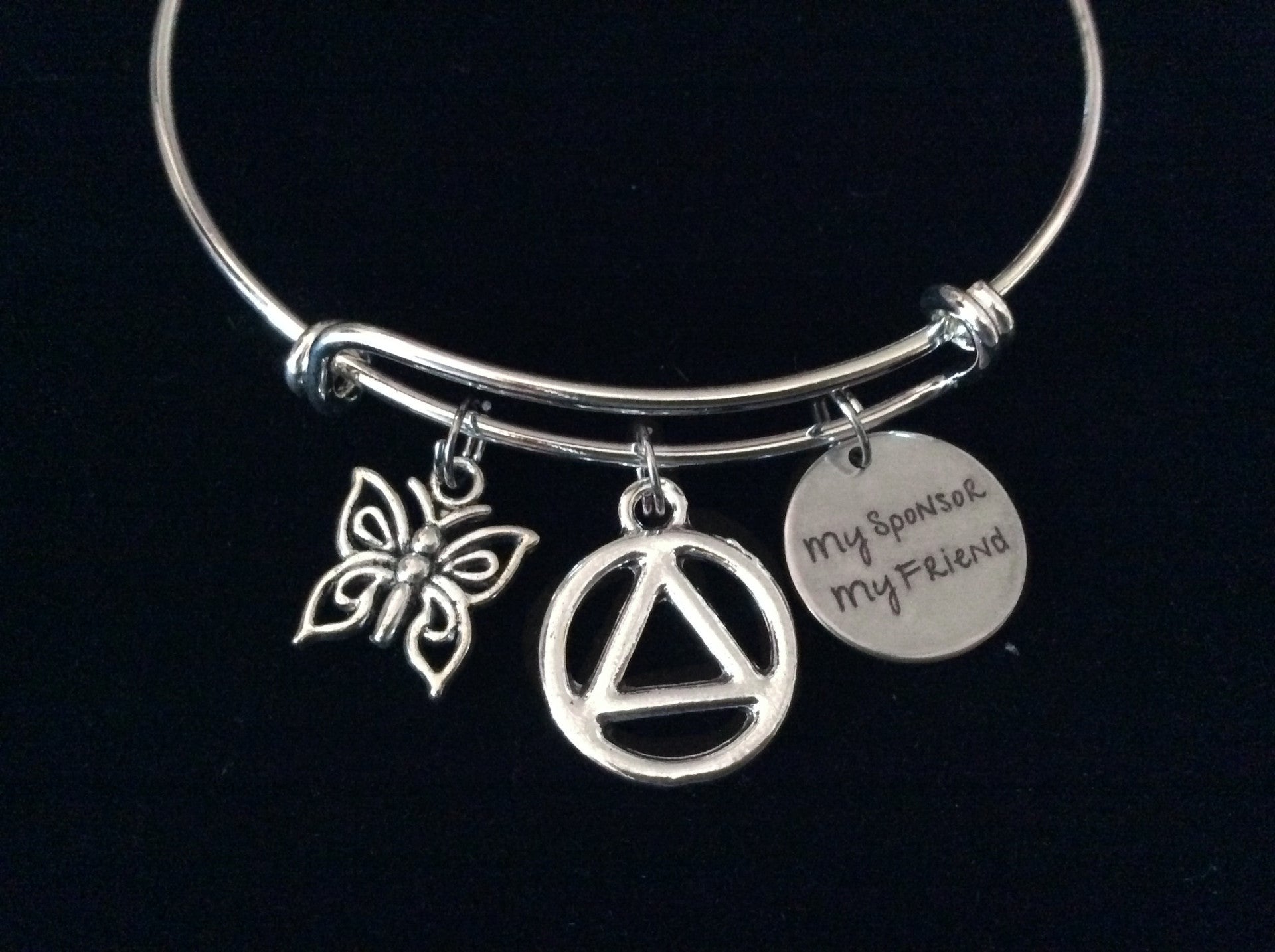 My Sponsor My Friend AA Recovery Expandable Charm Bracelet Adjustable Bangle Alcoholics Anonymous Butterfly Inspirational Meaningful