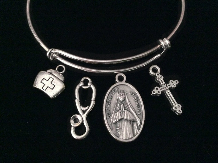 Saint Catherine of Sienna Expandable Charm Bracelet Silver Adjustable Wire Bangle Catholic Medal Gift Meaningful Inspirational