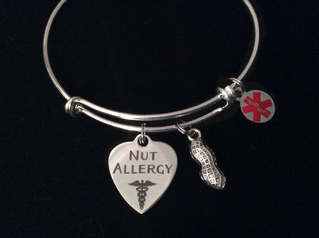 Nut Allergy Medical Alert Expandable Charm Bracelet Silver Adjustable Bangle Gift Jewelry