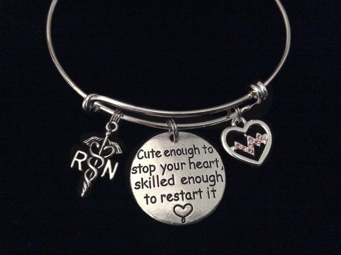Cute Enough to Stop Your Heart Expandable Charm Bracelet Silver Adjustable Bangle Gift Medical RN Heartbeat Pulse