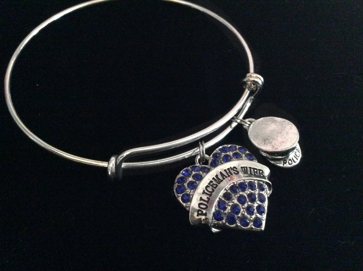 Policeman's Wife Expandable Charm Bracelet Adjustable Wire Bangle Gift Police Hat Blue Crystals