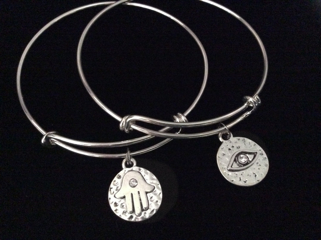 Hamsa Eye of Protection Silver Expandable Charm Bracelet Adjustable Bangle Trendy Yoga Inspired 