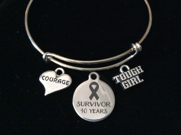 Cancer Survivor 10 Year Courage Tough Girl Expandable Silver Charm Bracelet Adjustable Bangle Gift