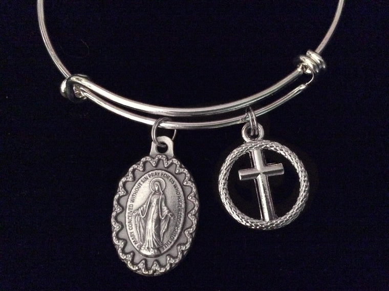 Silver Miraculous Mary Silver Expandable Charm Bracelet Bangle Adjustable Bangle Catholic Gift
