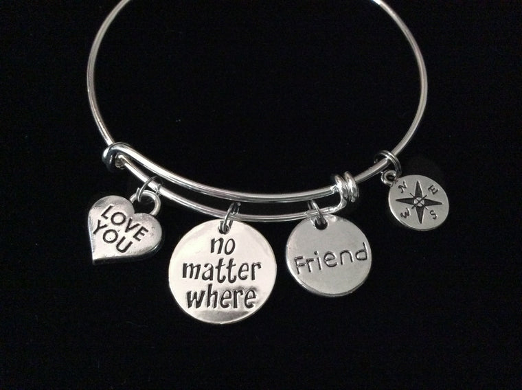 Love You Friend No Matter Where Compass Expandable Charm Bracelet Adjustable Silver Wire Bangle Gift