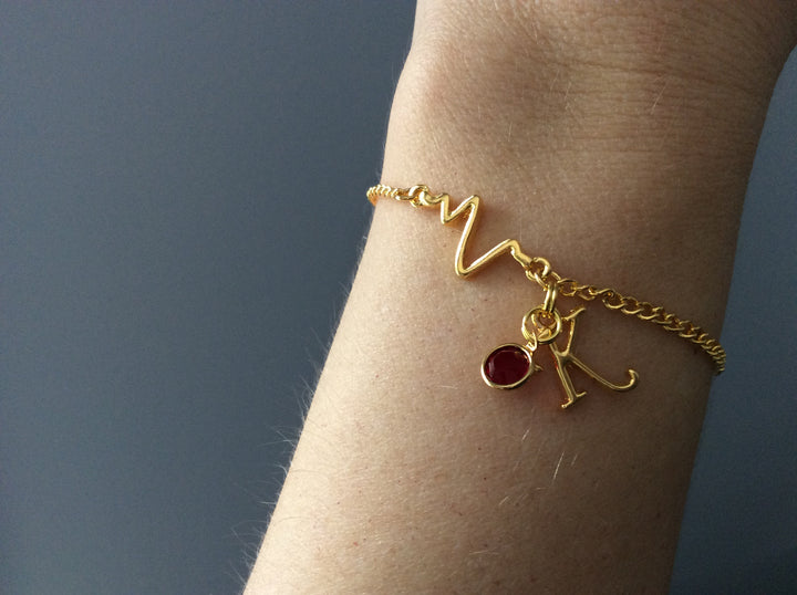 Nurse Gift Gold Heartbeat EKG ECG Birthstone Initial Charm Bracelet Electrocardiogram Adjustable Medical Nurse Gift Trendy