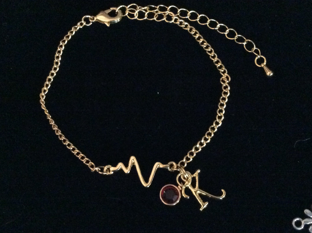 Gold Heartbeat EKG ECG Birthstone Initial Charm Bracelet Electrocardiogram Adjustable Medical Nurse Gift Trendy