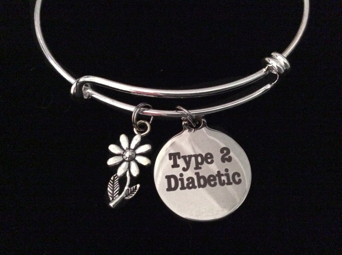 Type 2 Diabetic Silver Expandable Charm Bracelet Diabetes Adjustable Bangle Medical Alert Jewelry Gift