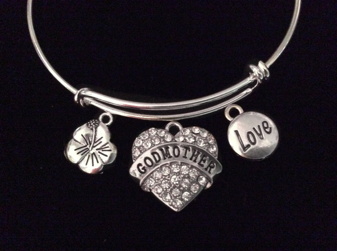 Crystal Godmother Heart Hibiscus Flower Love Expandable Charm Bracelet Silver Adjustable Bangle Trendy Gift Stacking God Mother