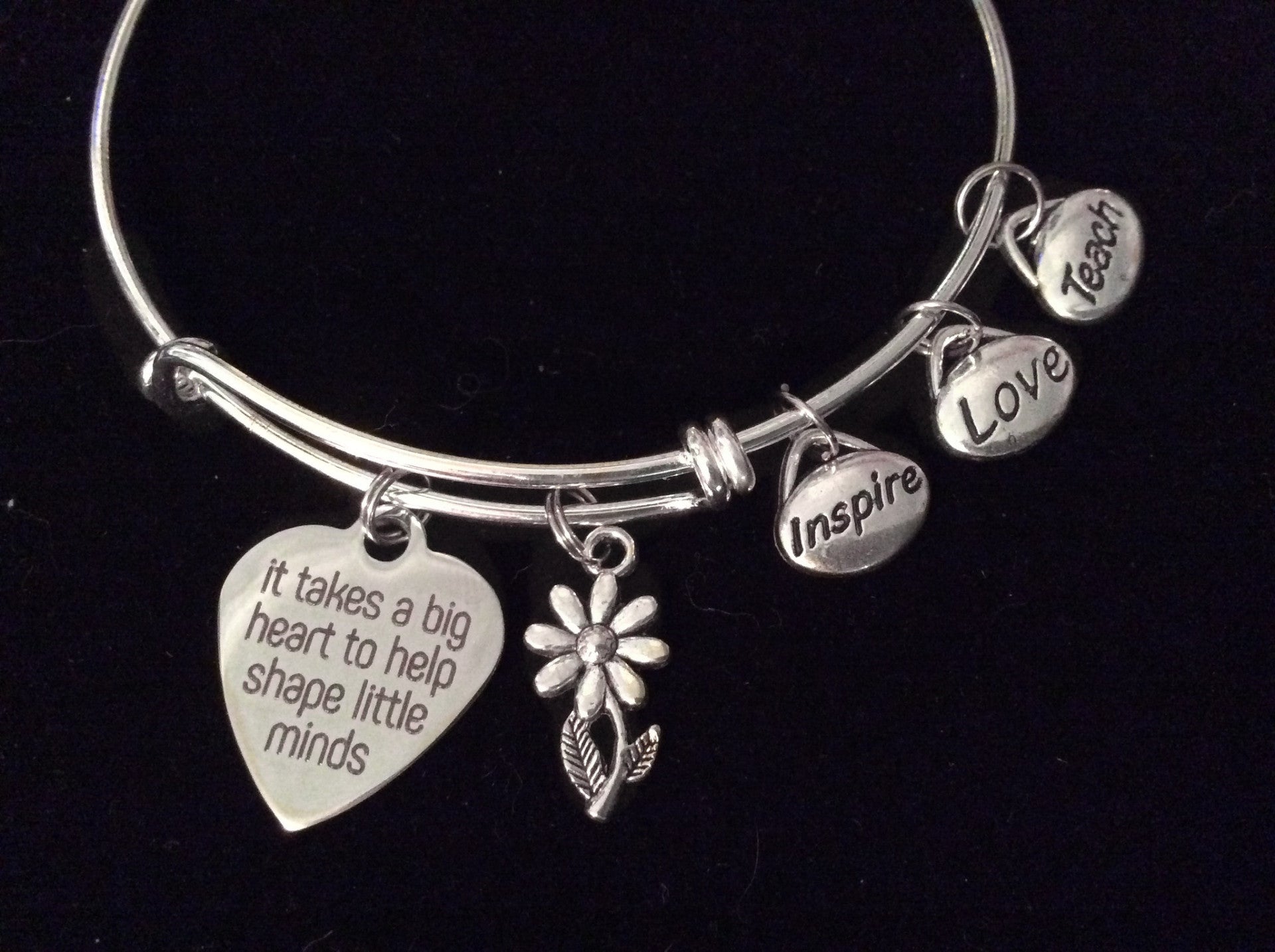 It Takes a Big Heart to Shape Little Minds Expandable Charm Bracelet Silver Adjustable Bangle Teach Inspire School Gift