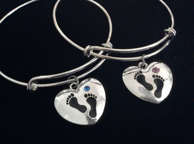 It's A Boy It's a Girl Baby Footprints Silver Expandable Charm Bracelet Pink Blue Adjustable Wire Bangle New Mom Gift
