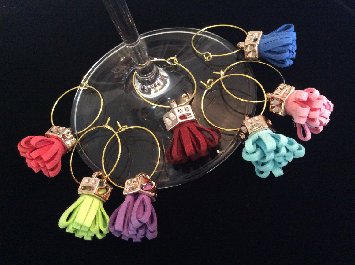 Gold and Colorful Faux Leather Tassel Wine Charms Wine Glass Markers Wine Lovers Hostess Gift