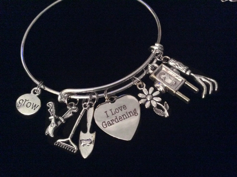 I Love Gardening Silver Charm Bracelet Gardener Adjustable Bangle Gift Garden Flowers Plant