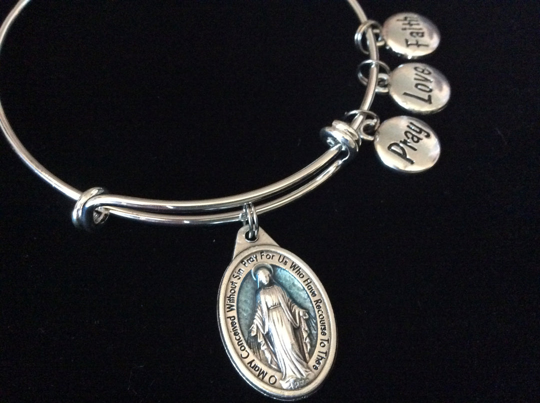 Pray Love Faith Miraculous Virgin Mary Silver Expandable Charm Bracelet Adjustable Bangle Catholic Gift