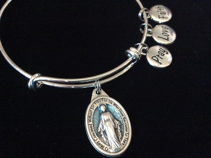 Pray Love Faith Miraculous Virgin Mary Silver Expandable Charm Bracelet Adjustable Bangle Catholic Gift