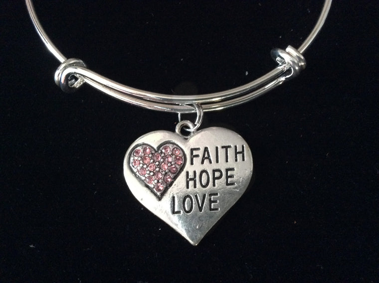 Faith Hope Love Pink Crystal Heart Expandable Charm Bracelet Silver Adjustable Bangle Trendy Gift