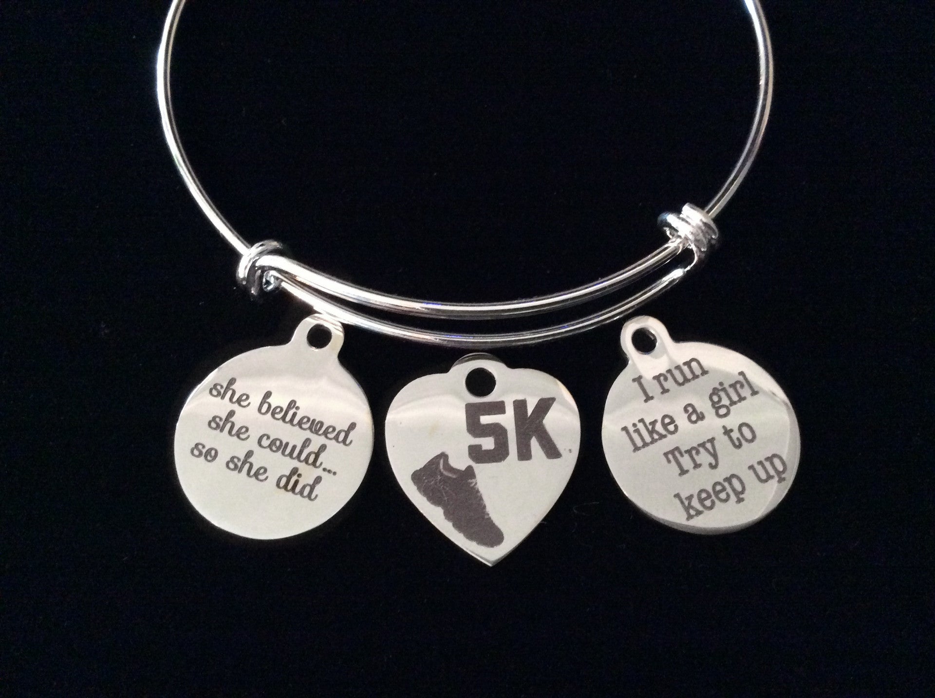 She Believed 5K Run Like A Girl Expandable Charm Bracelet Adjustable Wire Bangle Gift 