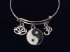 Yin Yang Lotus Om Expandable Charm Bracelet Adjustable Silver Wire Bangle Trendy Yoga Inspired Meaningful Inspirational