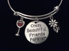 Crazy Beautiful Friends Forever Wine Glass Expandable Charm Bracelet Silver Adjustable Wire Bangle Stacking Bangle Trendy Love You BFF
