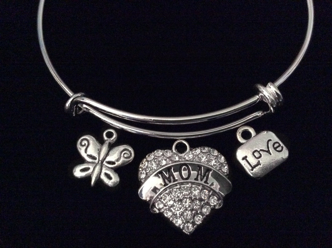 Mom Crystal Heart Mothers Day Special Expandable Charm Bracelet Silver Adjustable Bangle Trendy Gift