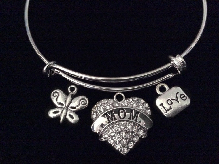 Mom Crystal Heart Mothers Day Special Expandable Charm Bracelet Silver Adjustable Bangle Trendy Gift