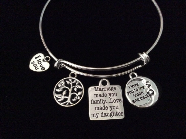 Love To the Moon Marriage Made you Family Daughter Expandable Charm Bracelet Daughter In Law Adjustable Silver Wire Bangle Gift