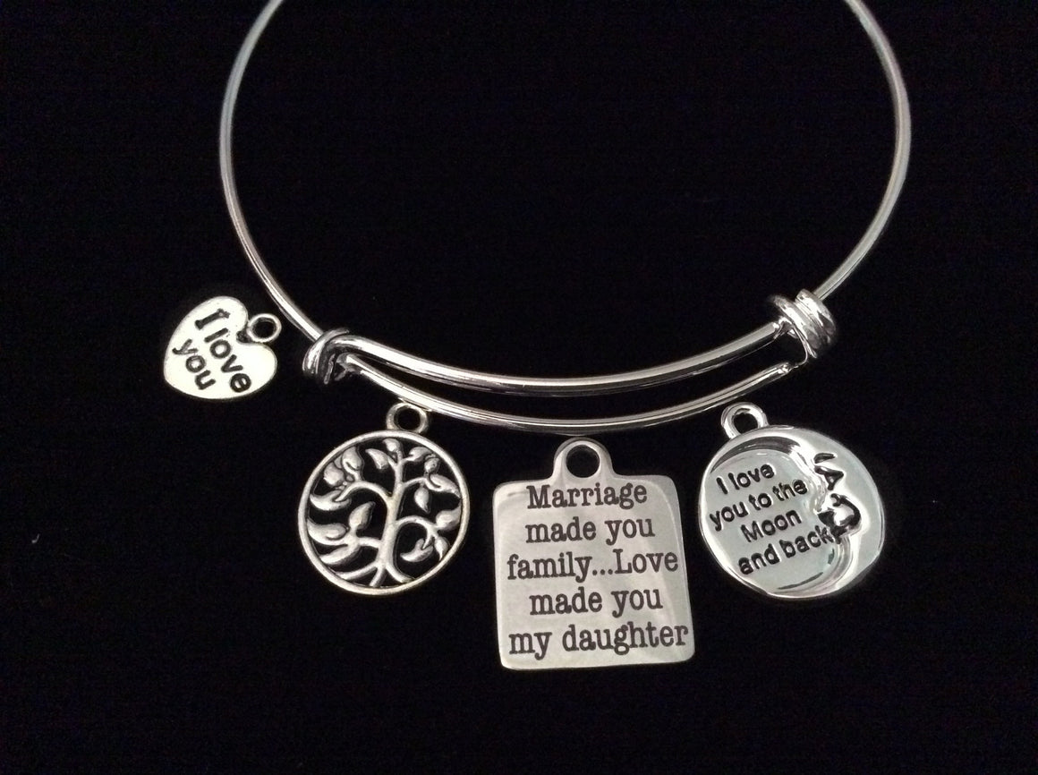 Love To the Moon Marriage Made you Family Daughter Expandable Charm Bracelet Daughter In Law Adjustable Silver Wire Bangle Gift