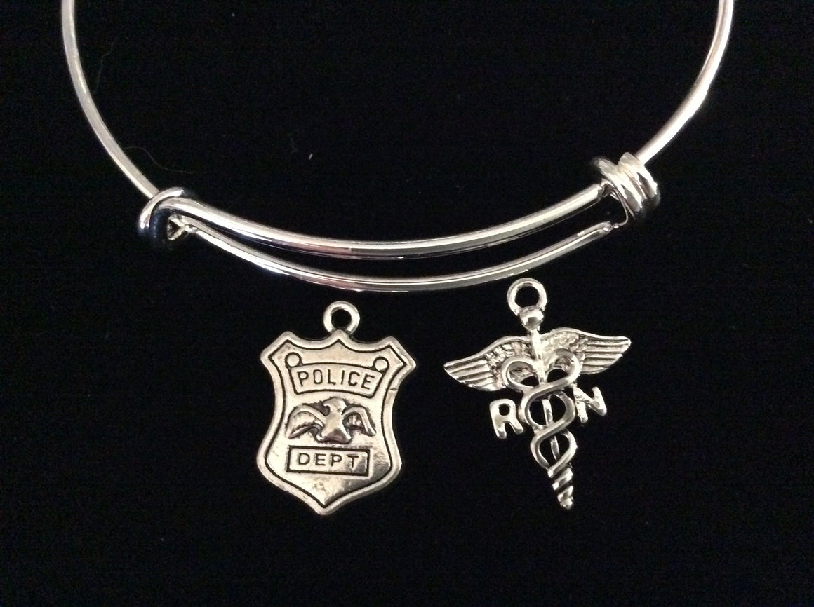 RN Police Officer Expandable Charm Bracelet Silver Wire Bangle Nurse Police Badge Handmade Trendy
