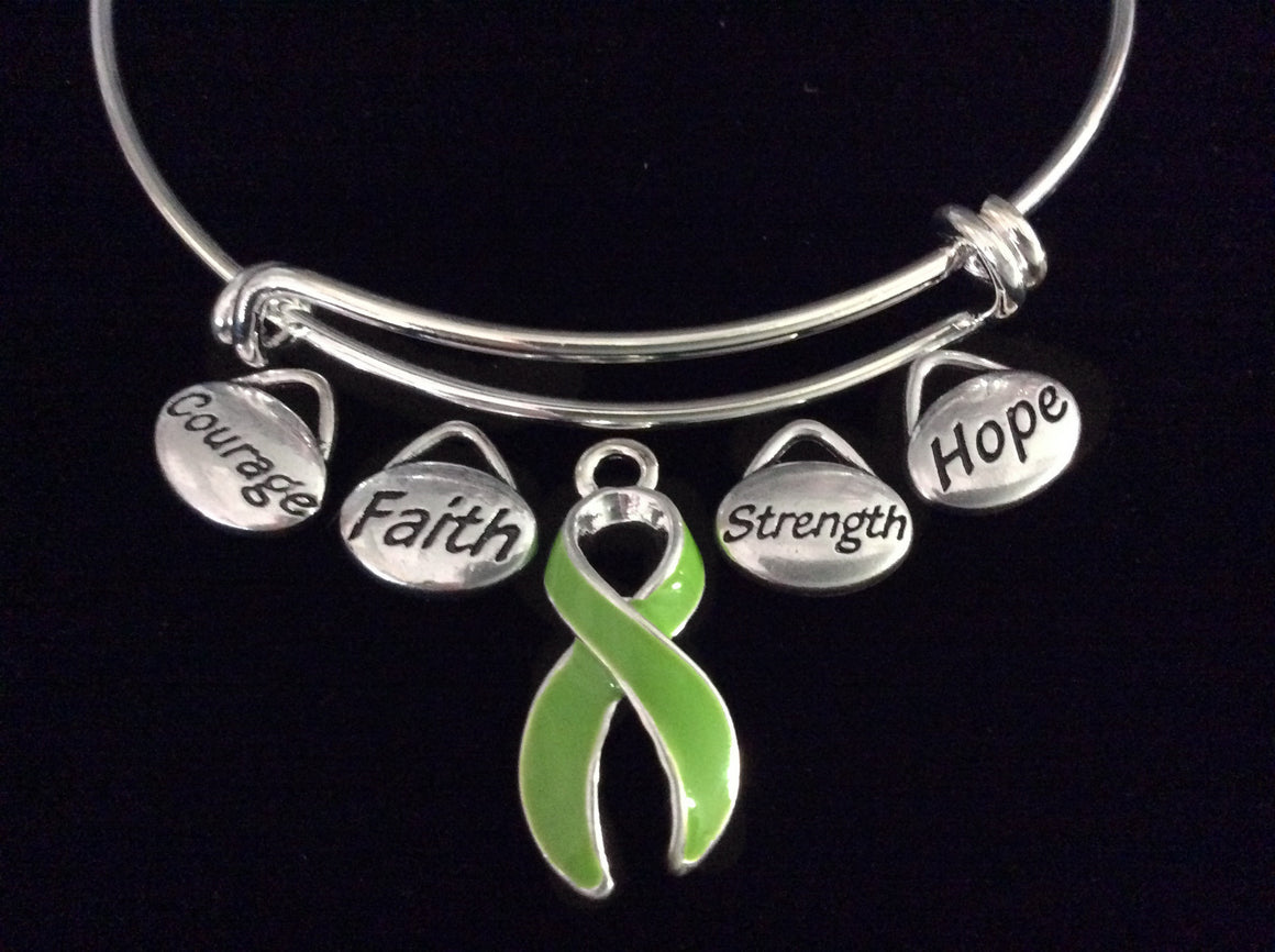 Green Awareness Ribbon Expandable Charm Bracelet Adjustable Bangle Gift Lyme Disease Cerebral Palsy Kidney Cancer
