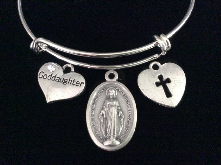 Goddaughter Miraculous Mary Heart Cross Expandable Charm Bracelet Silver Adjustable Bangle