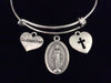 Godmother Miraculous Mary Heart Cross Expandable Charm Bracelet Silver Adjustable Bangle