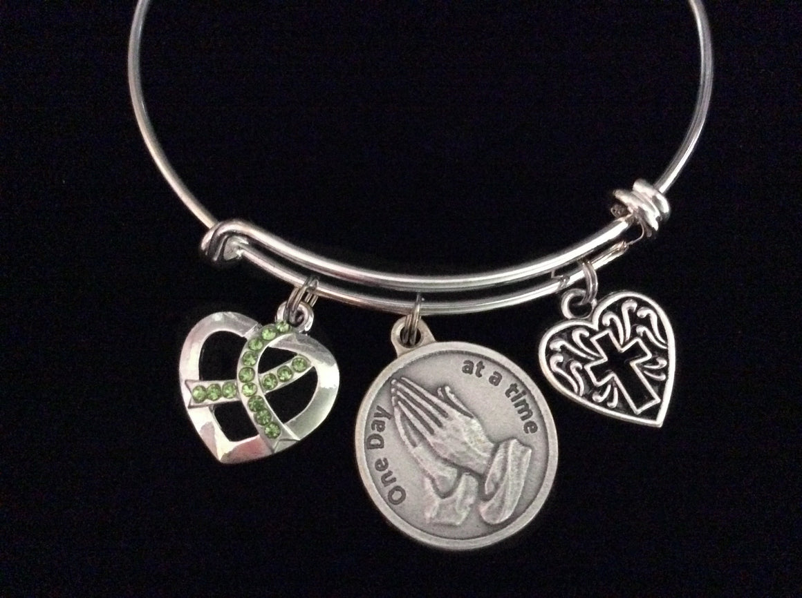 One Day at a Time Green Awareness Ribbon Expandable Charm Bracelet Adjustable Silver Wire Bangle Inspirational Meaningful Gift Cross 