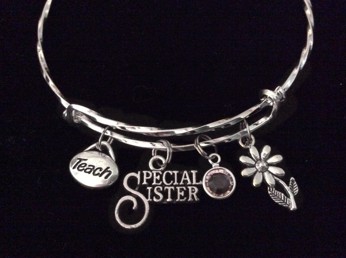 Special Sister Teacher Expandable Charm Bracelet Silver Adjustable Gift Twisted Bangle