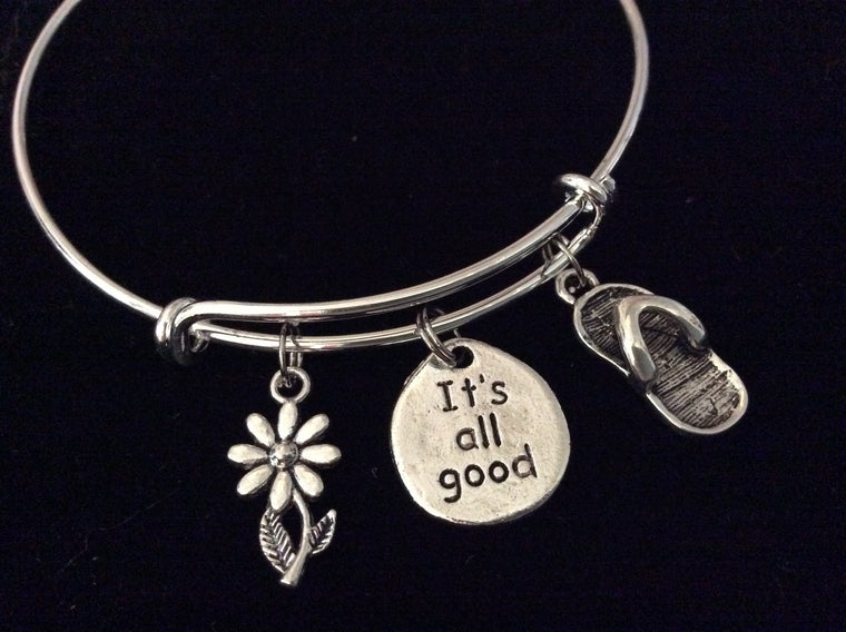 It's All Good Flip Flop Daisy Expandable Charm Bracelet Silver Adjustable Inspirational Gift