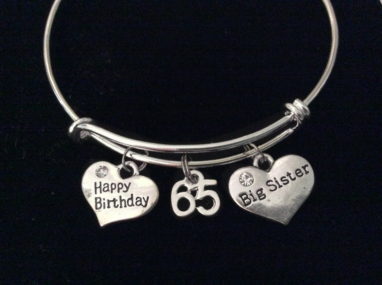 Happy 65th Birthday Big Sister Expandable Charm Bracelet Silver Adjustable Wire Bangle Gift
