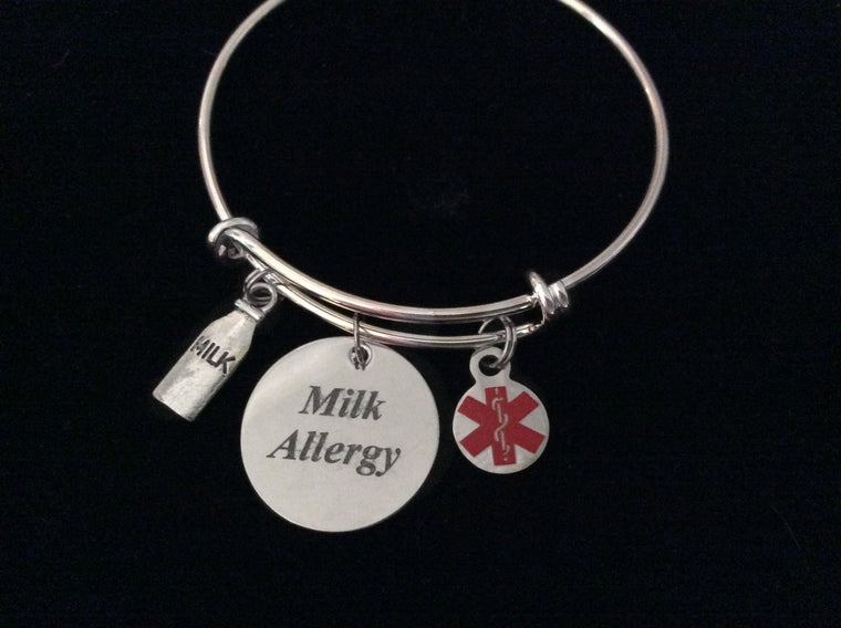 Children's Milk Allergy Medical Alert Expandable Charm Bracelet Silver Adjustable Bangle Gift