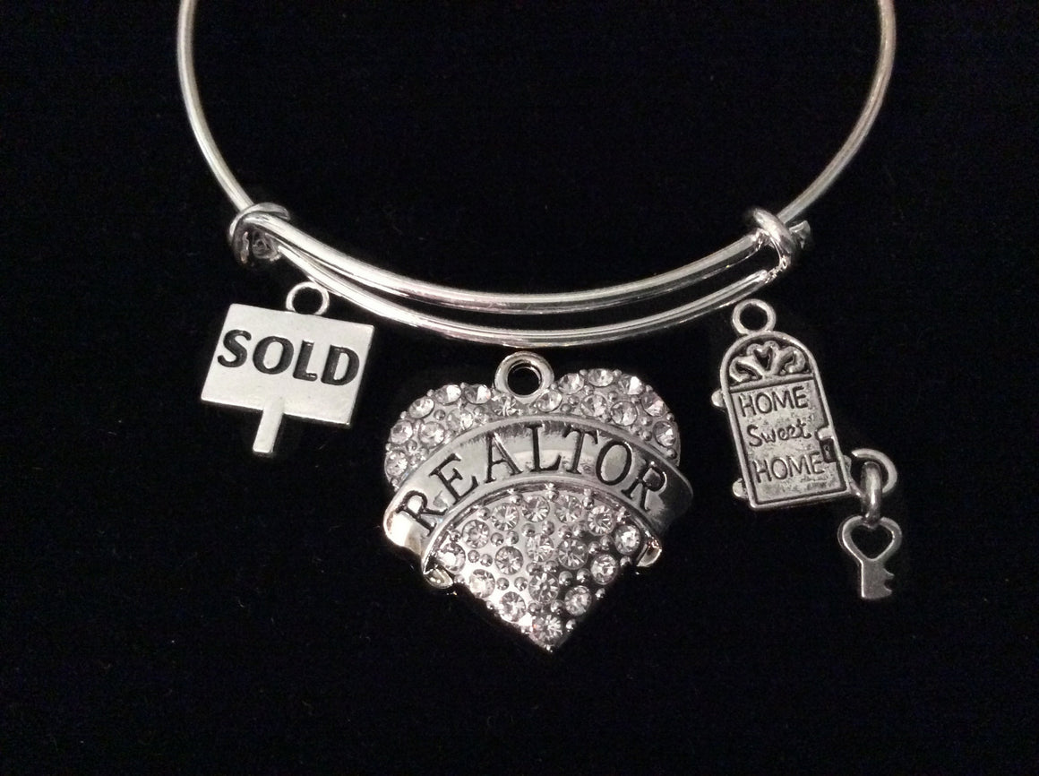 Sold Sign Home Sweet Home Crystal Heart Realtor Bracelet Expandable Adjustable Silver Wire Bangle