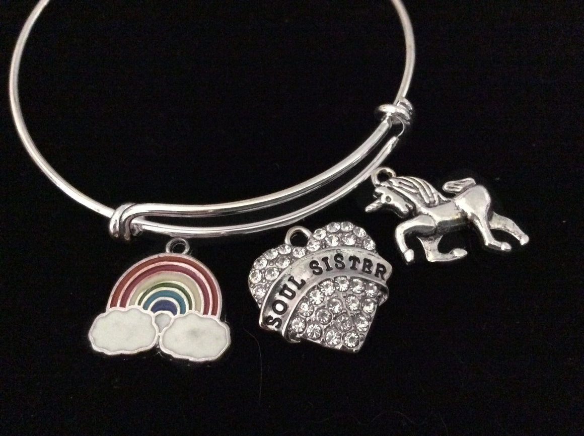 Rainbow Unicorn Soul Sister Expandable Charm Bracelet Silver Adjustable Bangle Trendy Best Friend Gift BFF