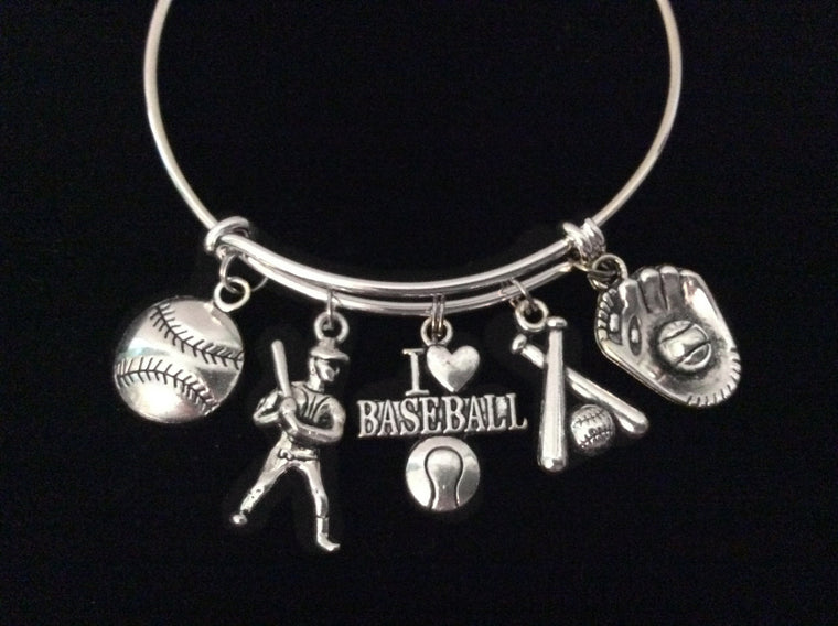 I Love Baseball Expandable Charm Bracelet Silver Adjustable Bangle Sports Team Gift Baseball Mitt Baseball Player
