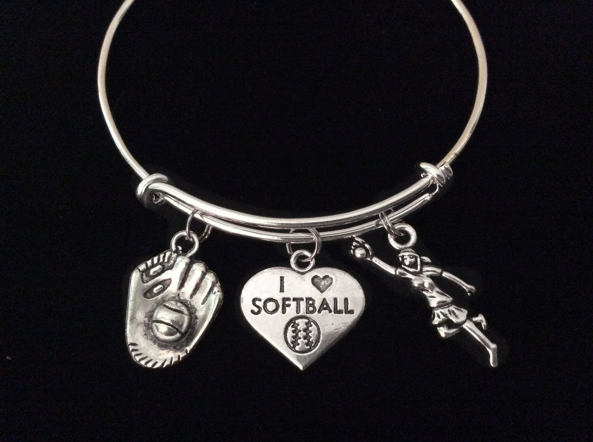 I Love Softball Expandable Charm Bracelet Silver Adjustable Bangle Sports Team Gift Softball Catcher Player