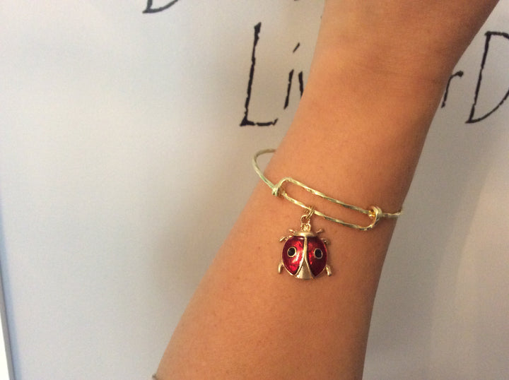Gold Ladybug Expandable Charm Bracelet Red Enamel Lady Bug Adjustable Wire Bangle Meaningful Gift