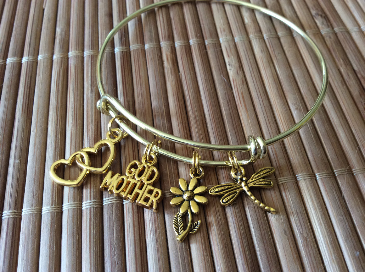 Gold Godmother Expandable Charm Bracelet Adjustable Wire Bangle Gift Double Hearts Dragonfly Daisy