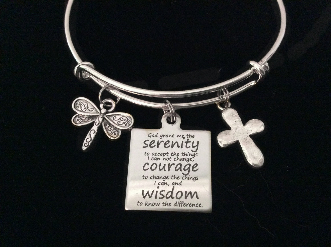 Serenity Prayer Courage Wisdom Expandable Charm Bracelet Adjustable Silver Wire Bangle Inspirational Meaningful Cross Daisy