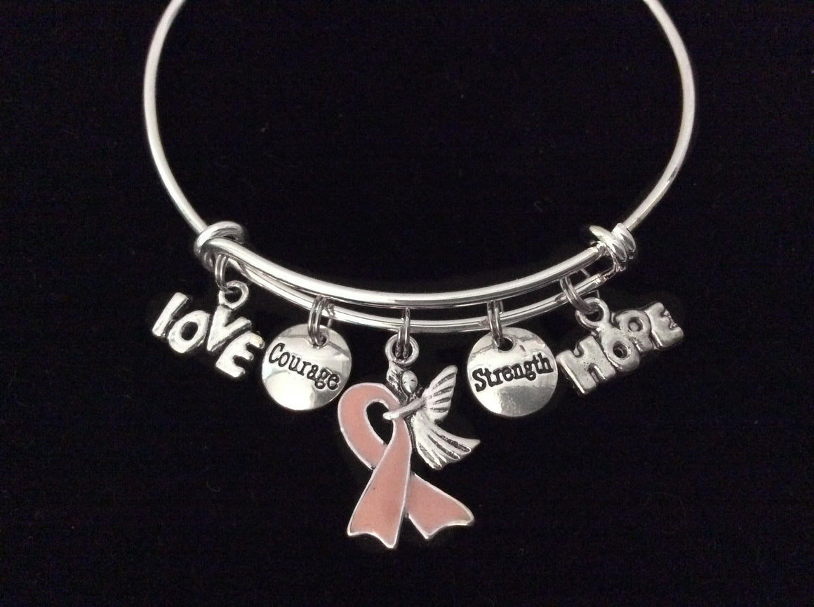 Pink Awareness Guardian Angel Love Courage Strength Hope Adjustable Bracelet Expandable Silver Wire Bangle Gift