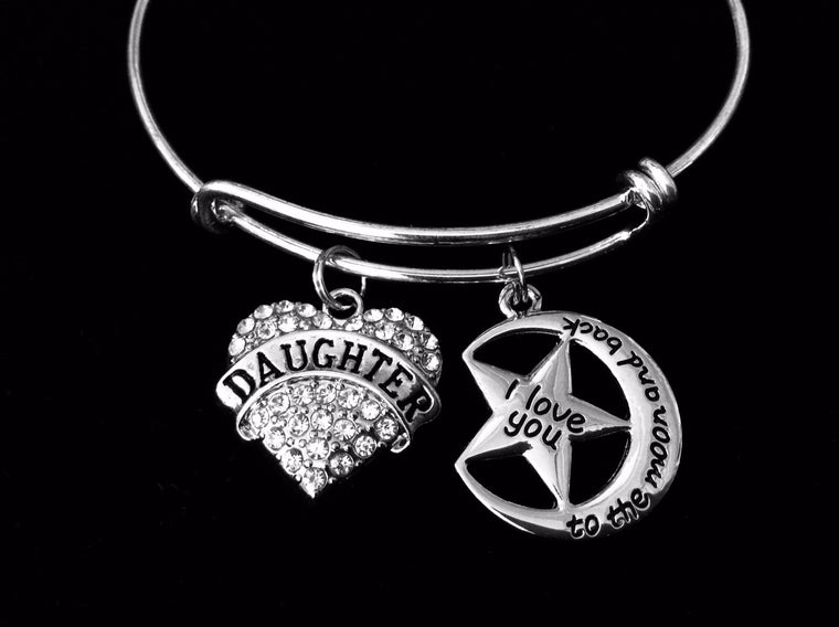 Daughter I Love You to The Moon Adjustable Bracelet Crystal Heart Expandable Charm Bracelet Silver Wire Bangle Rhinestone Bling Bracelet Gift