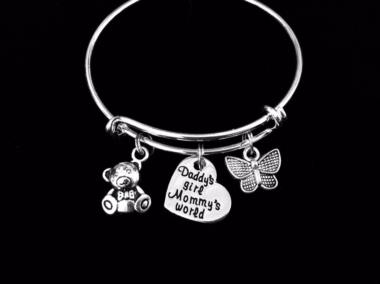Child's Size Daddy's Girl Mommy's World Butterfly Teddy Bear Adjustable Bracelet Expandable Charm Bracelet Gift Kids Size