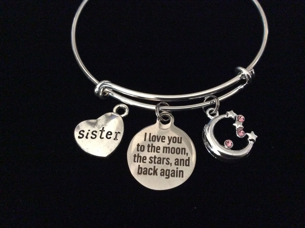 Sister I Love you to the Moon the Stars Adjustable Bracelet Silver Expandable Charm Bracelet Wire Bangle Gift