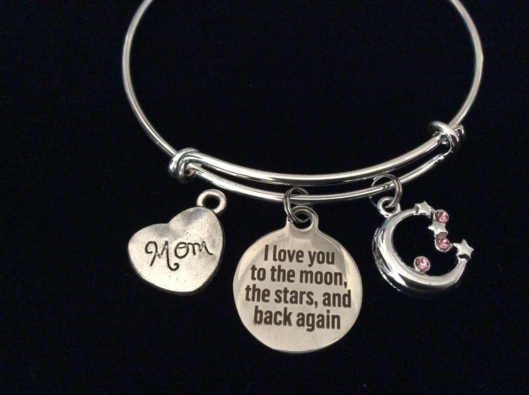 Mom I Love you to the Moon the Stars Adjustable Bracelet Silver Expandable Charm Bracelet Wire Bangle Gift