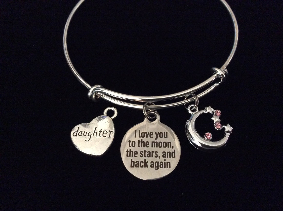 Daughter of I Love you to the Moon the Stars Adjustable Bracelet Silver Expandable Charm Bracelet Wire Bangle Gift